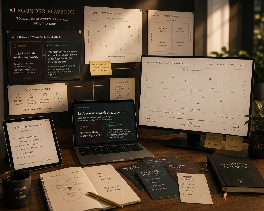 AI Founder Playbook workspace with frameworks, checklists, and the Competitive Terrain Map on screen