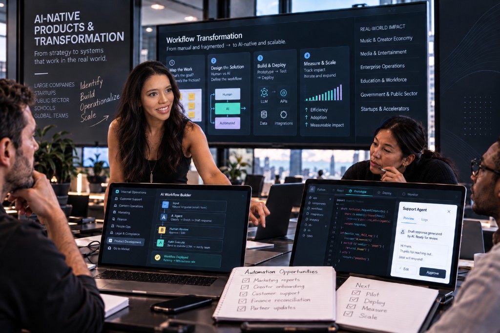 AI-native product and workflow transformation session with strategy board and deployed systems